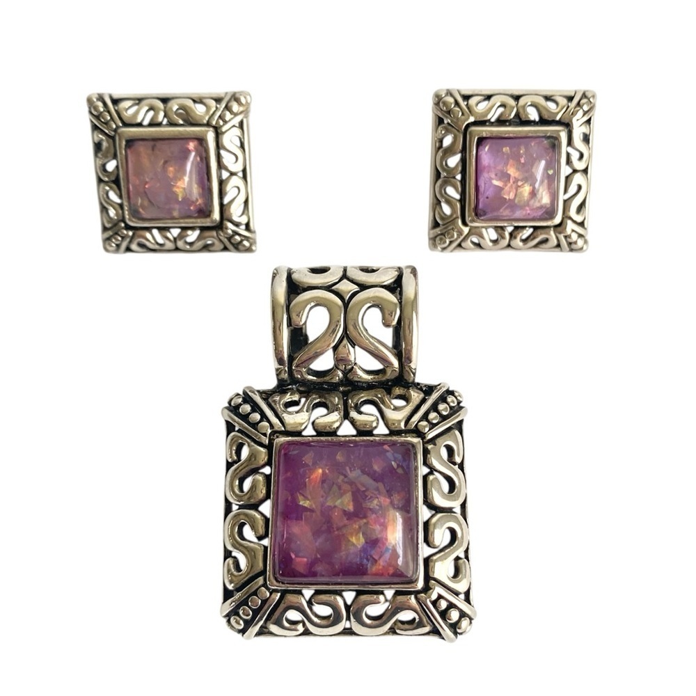 Vintage Purple Faux Opal Pendant & Earrings Set Iridescent Silver Tone Scroll‎